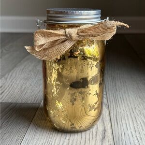 Gold Mercury Glass Mason Jar With Burlap Bow And Sparkling LED Lights